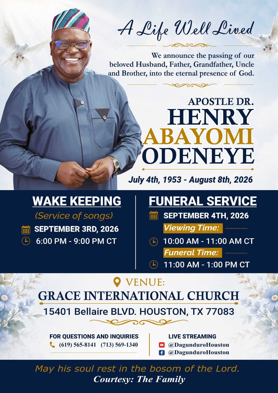 Funeral announcement card for Apostle Dr. Henry Abayomi Odeneye